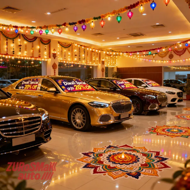 Festive Diwali car showroom with discount offers and traditional decorations
