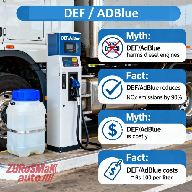AdBlue/DEF dispenser at diesel fueling bay with myth-busting callouts.