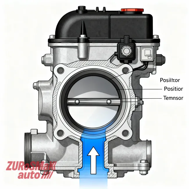 Detailed view of automotive throttle body components and operation