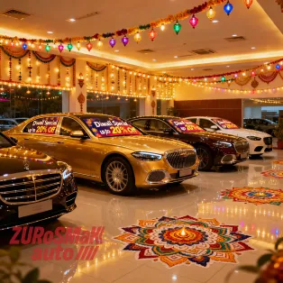 Festive Diwali car showroom with discount offers and traditional decorations
