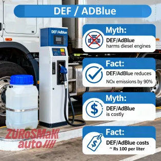 AdBlue/DEF dispenser at diesel fueling bay with myth-busting callouts.