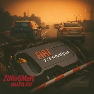 Fiat 1.3 Multijet engine close‑up with Punto and Linea silhouettes at dusk on an Indian highway